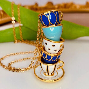 Adorable Stacked Blue Enamel Teacup Movable Pendant Curb Chain Necklace